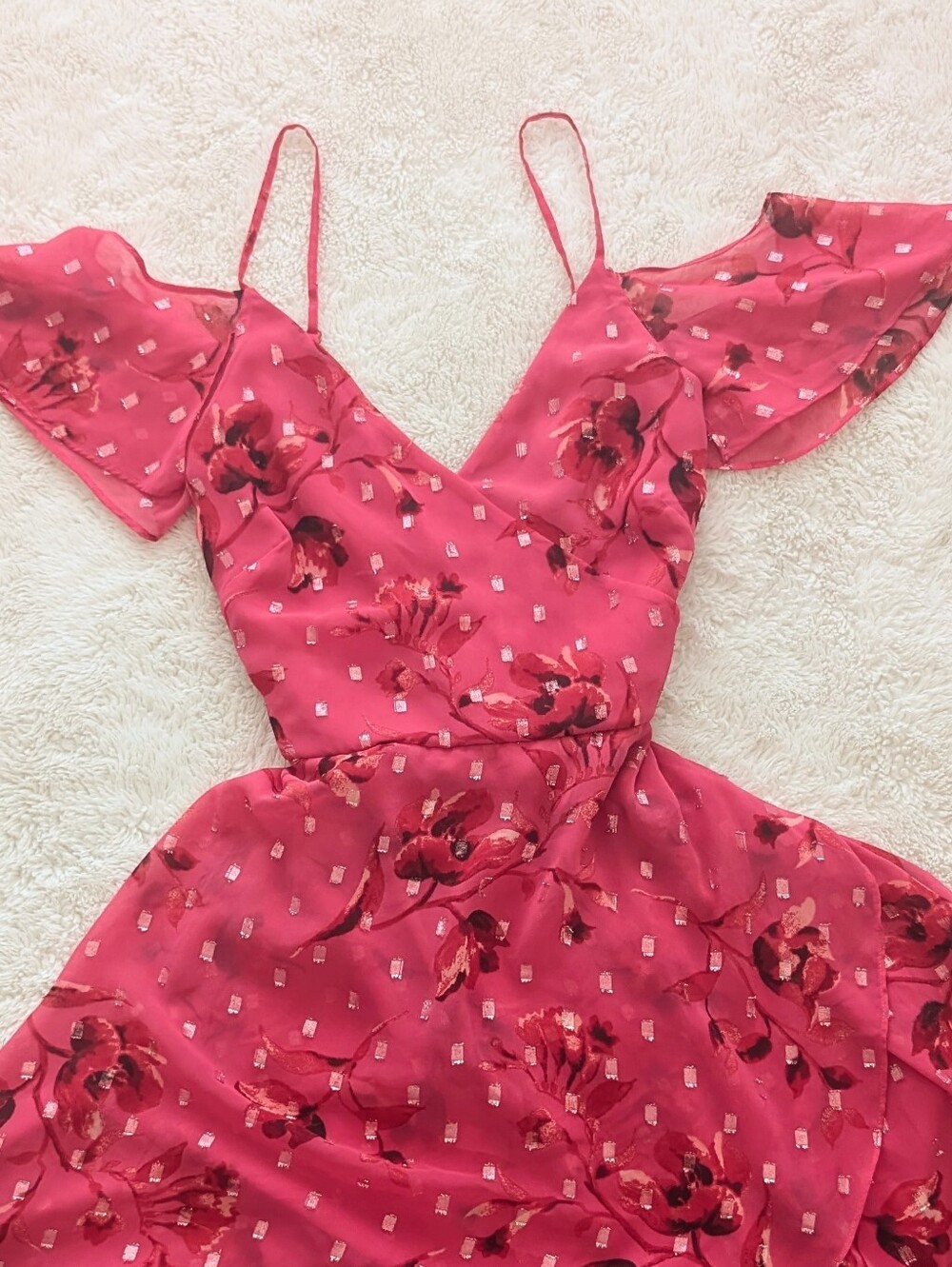 White House Black Market Floral Ruffle V-Neck Pink Dress